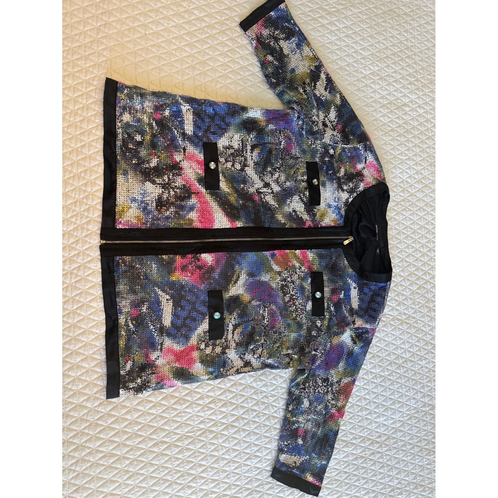 Michael Simon Sequin Zip Front Jacket Multicolor Abstract Crystal Buttons 1X